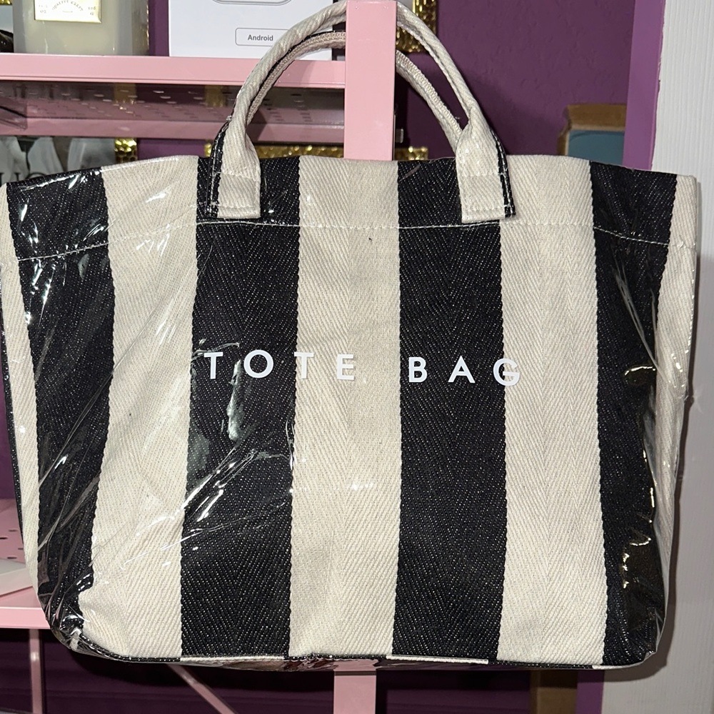 Striped Black and Cream Tote Bag - Unbranded